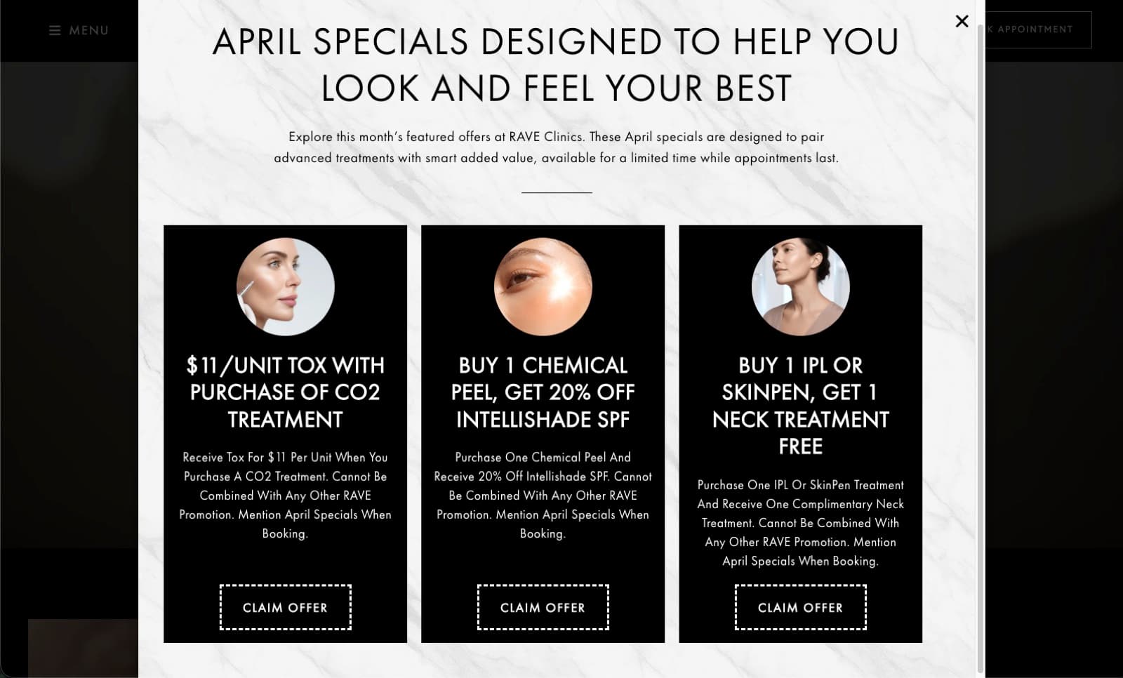 April specials popup on RAVE Clinics website