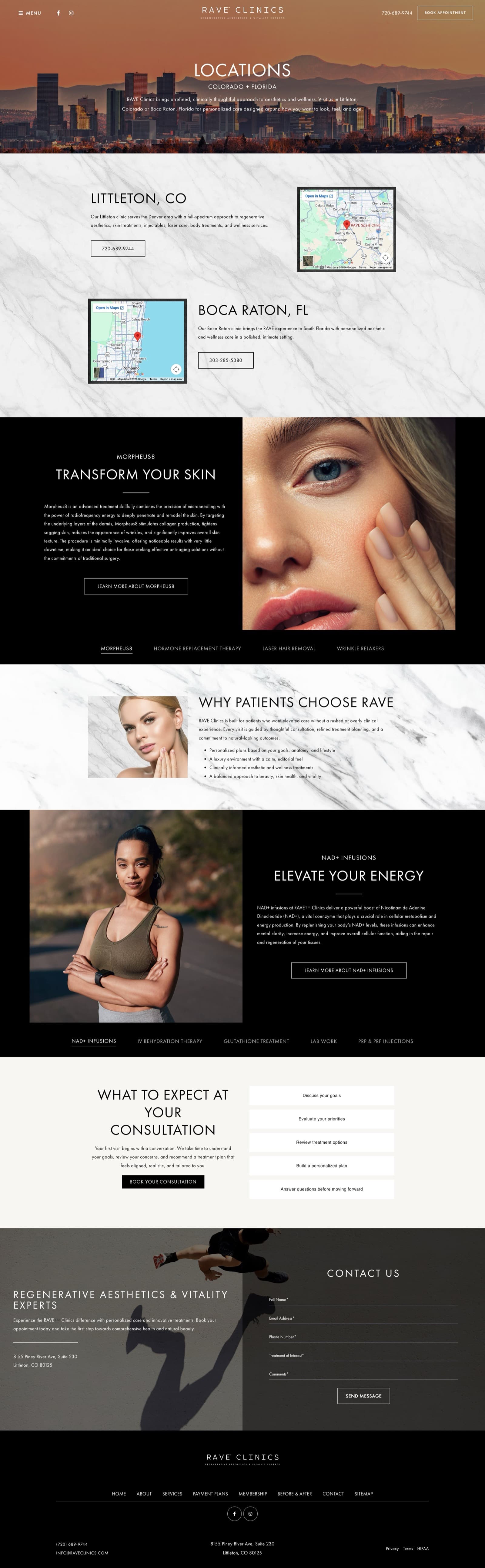RAVE Clinics locations page with Colorado and Florida locations