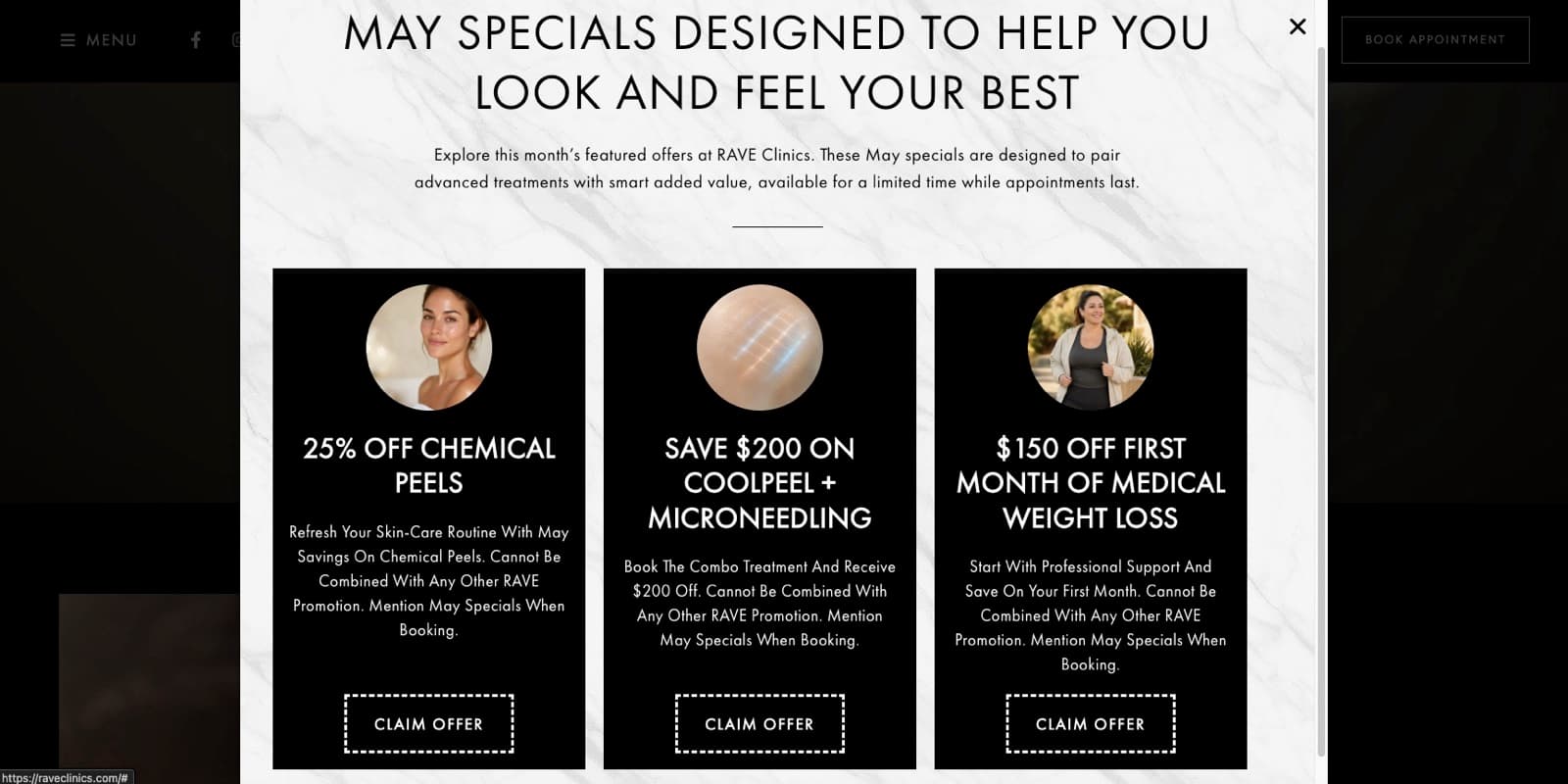 May specials popup on RAVE Clinics website