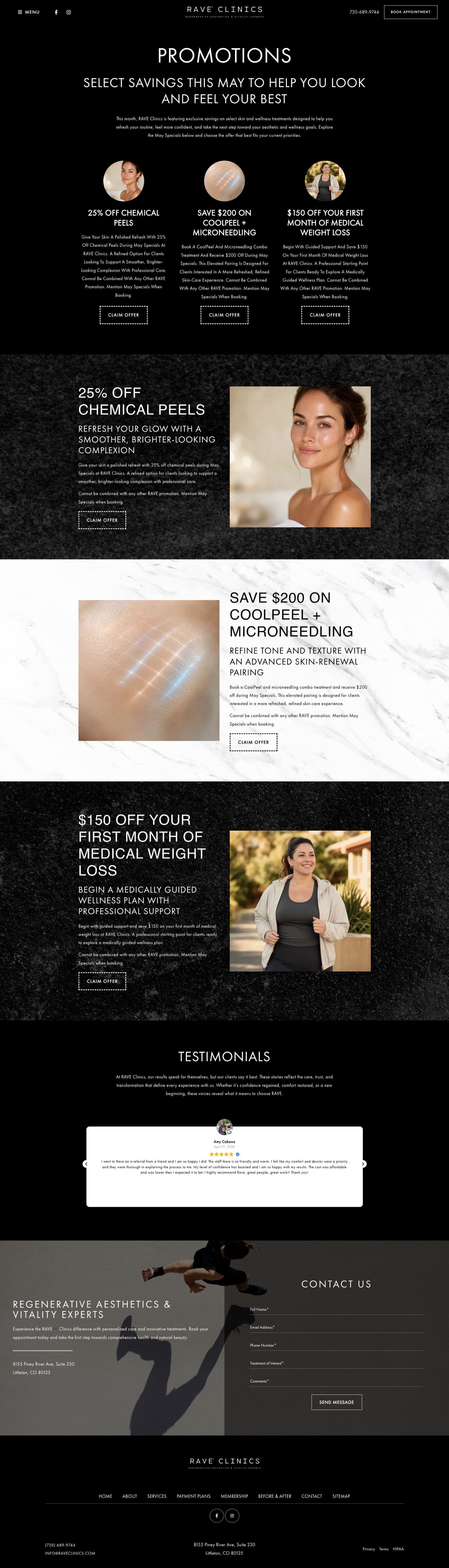 May promotions page on RAVE Clinics website
