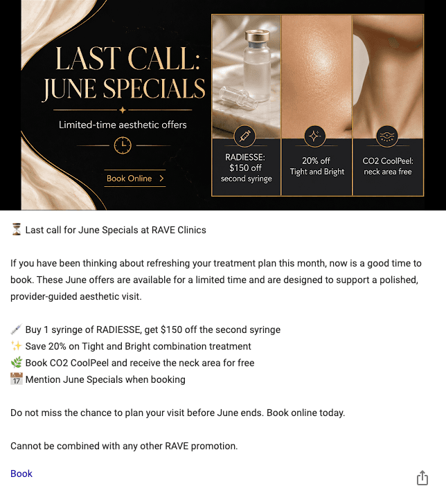 Google Business Profile last call June Specials update for RAVE Clinics
