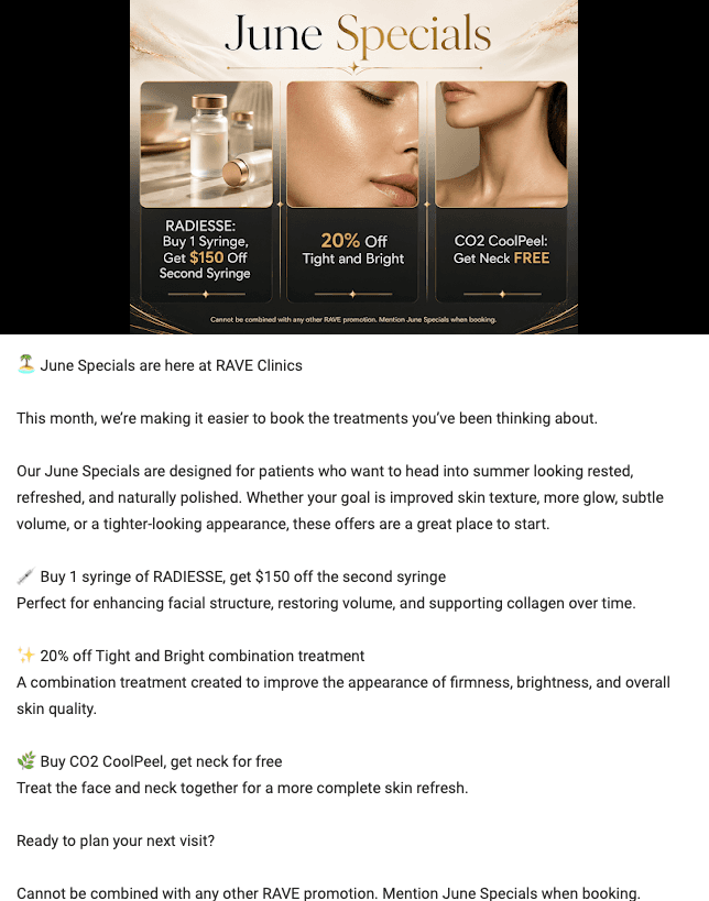 Google Business Profile June Specials update for RAVE Clinics