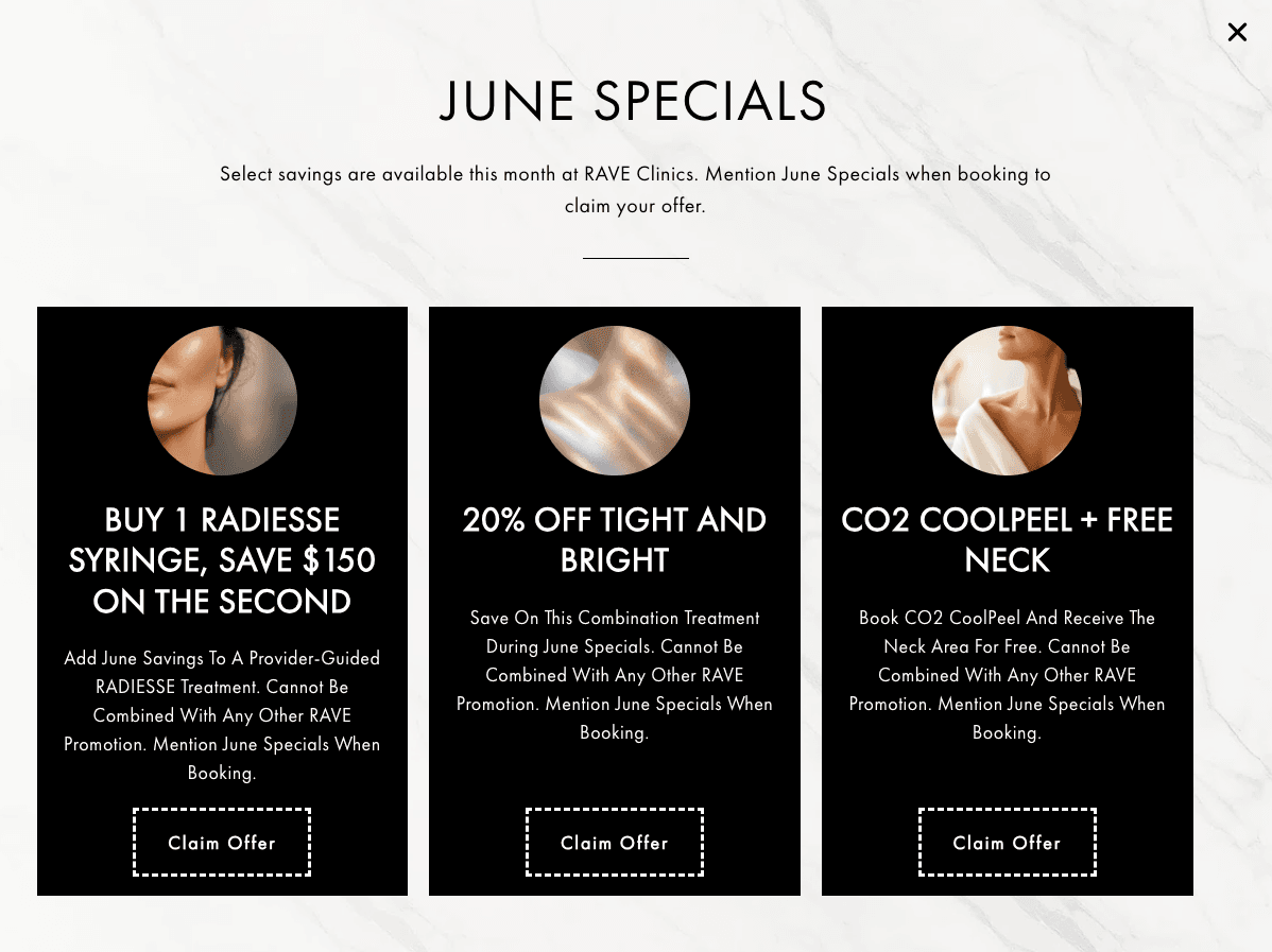 June specials popup on the RAVE Clinics website
